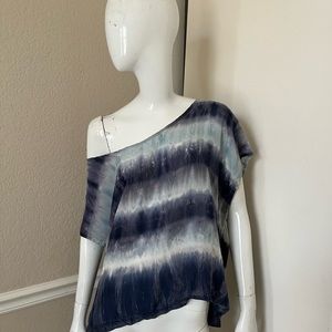 VELVET BY GRAHAM & SPENCER Blue Striped Tie-Dye Silk Off Shoulder Blouse Sz S